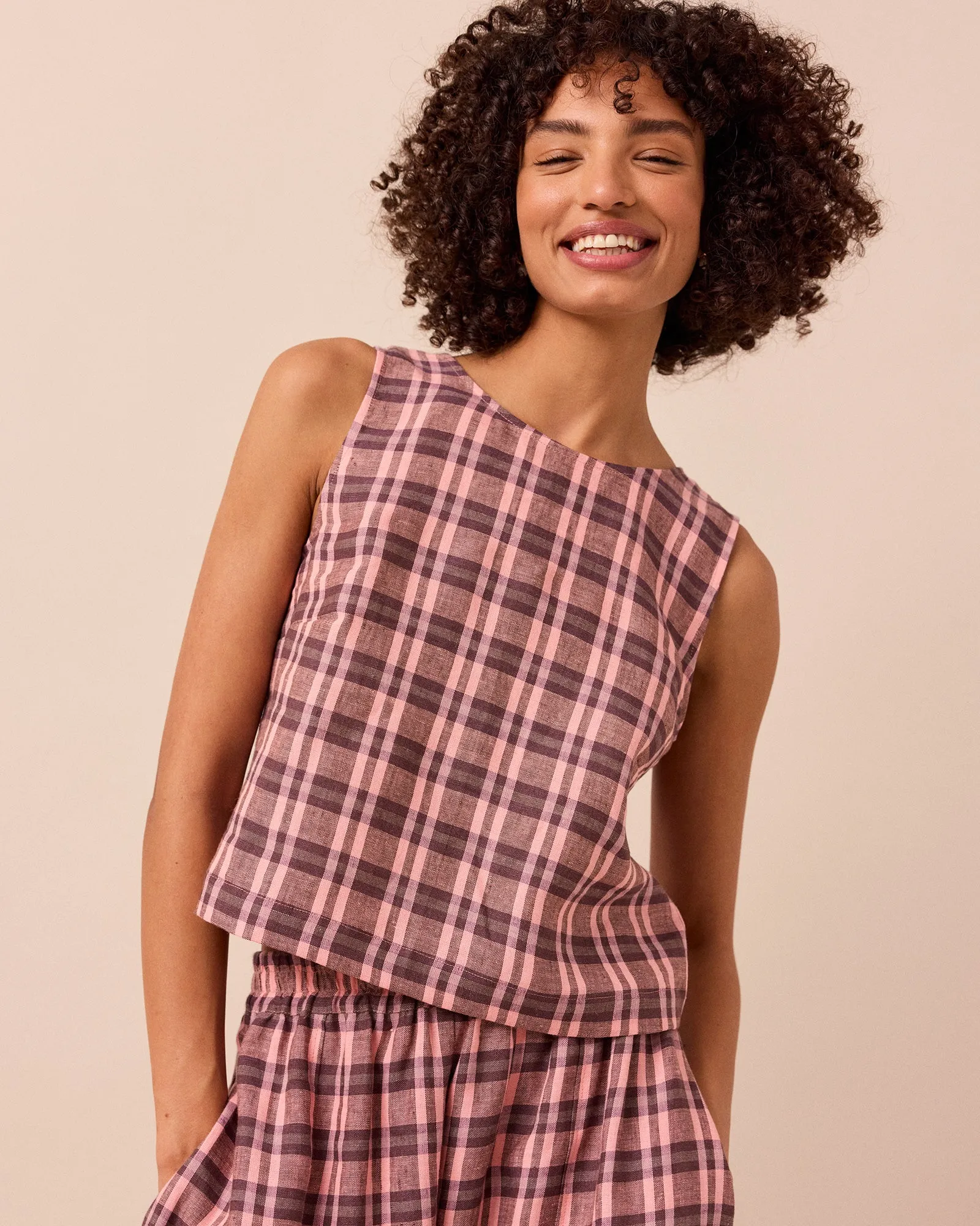 Esme Dewberry Check Linen Top sold by Beyond Nine