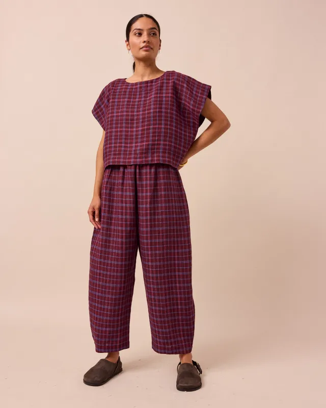 Mabel Mulberry Plaid Linen Trousers sold by Beyond Nine