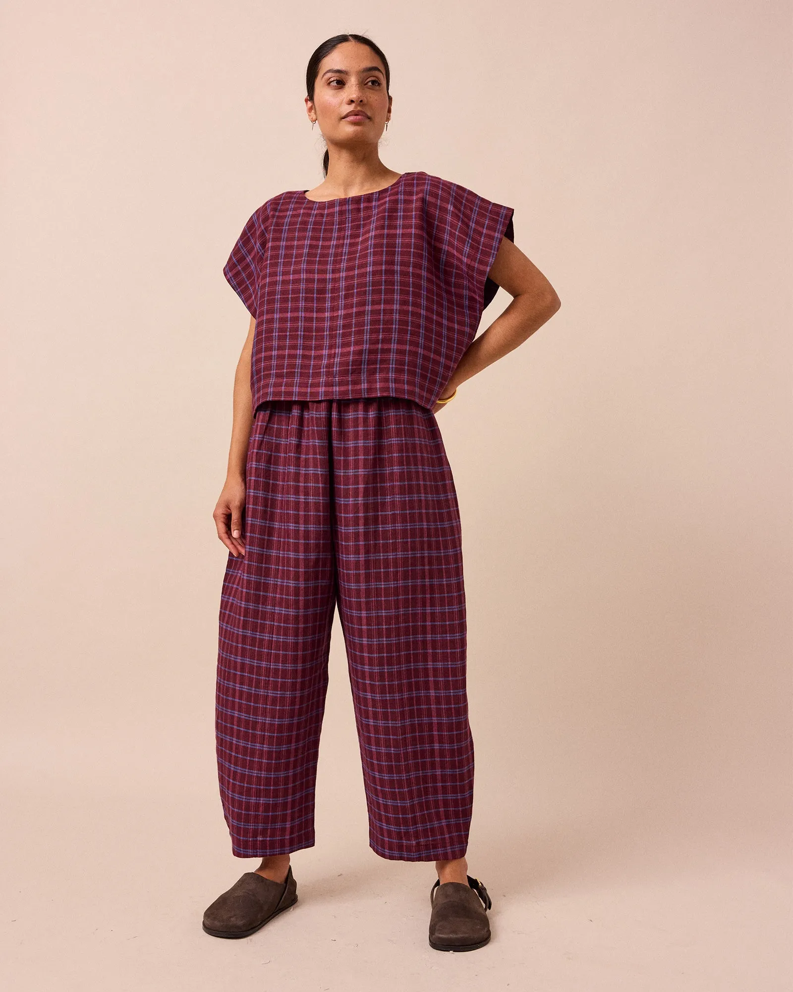 Mabel Mulberry Plaid Linen Trousers sold by Beyond Nine