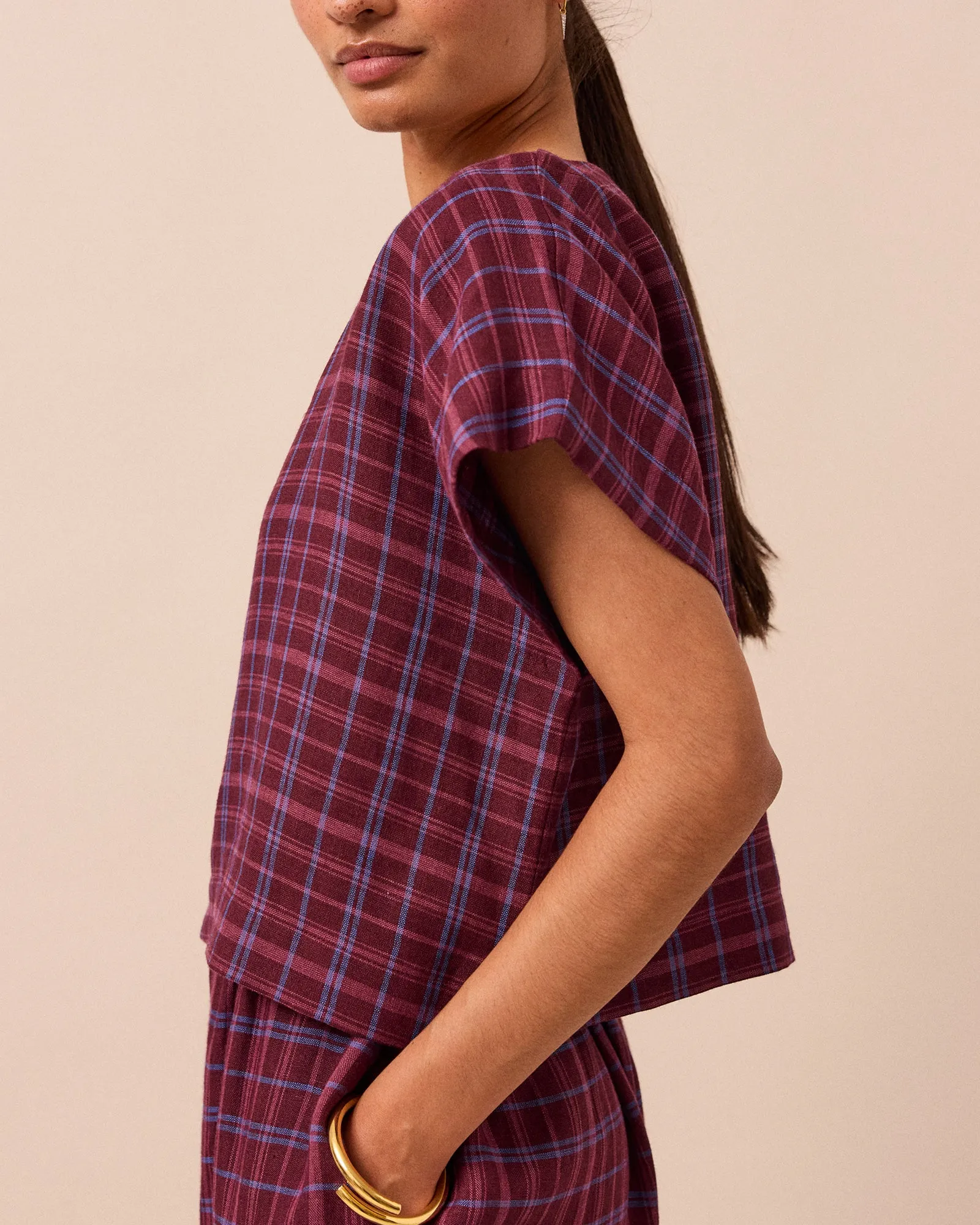 Polly Mulberry Plaid Linen Top sold by Beyond Nine product image thumbnail 4