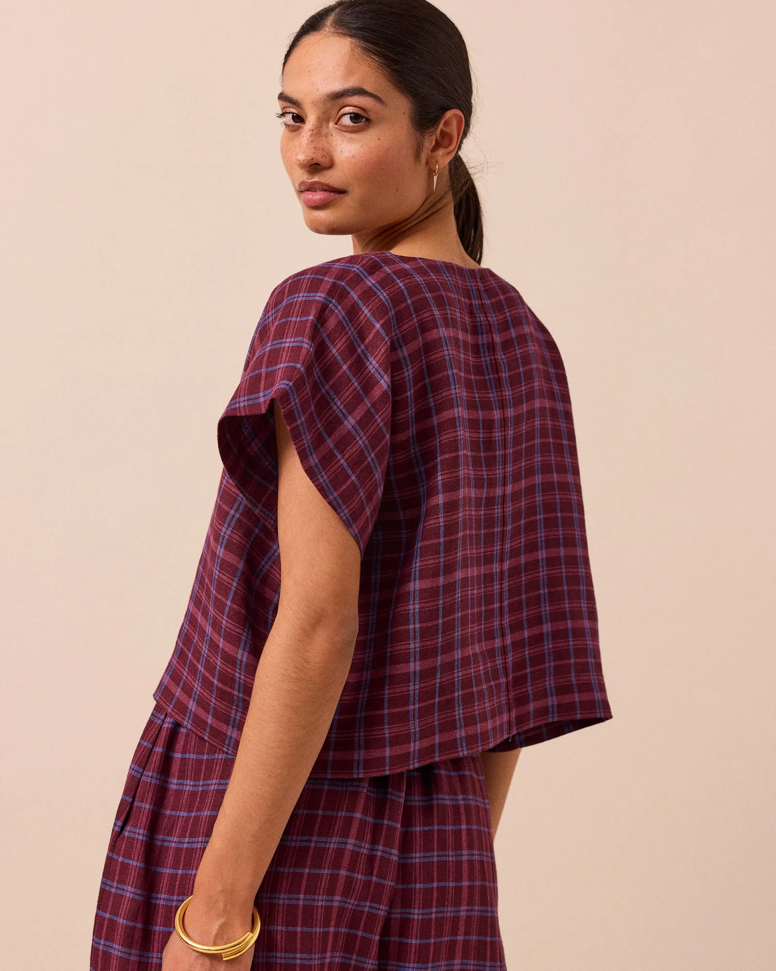 Polly Mulberry Plaid Linen Top sold by Beyond Nine product image thumbnail 2