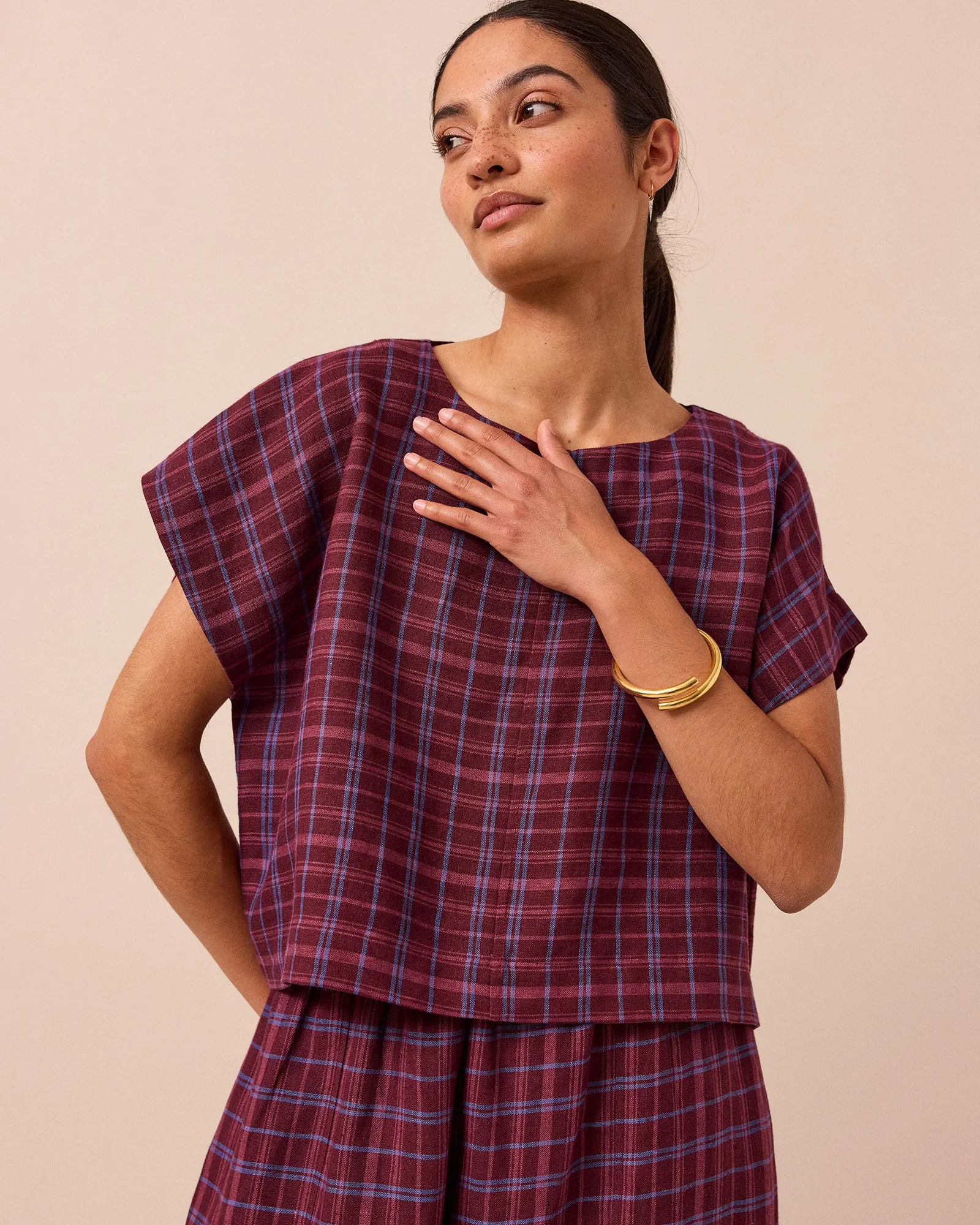Polly Mulberry Plaid Linen Top sold by Beyond Nine