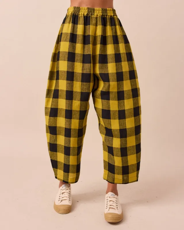 Mabel Chartreuse Mega Check Linen Trousers made by Beyond Nine