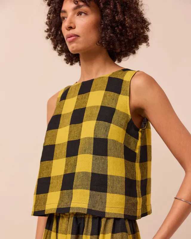 Esme Chartreuse Mega Check Linen Top sold by Beyond Nine