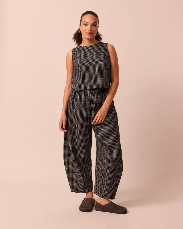 Daisy Black Mini Grid Linen Trousers sold by Beyond Nine