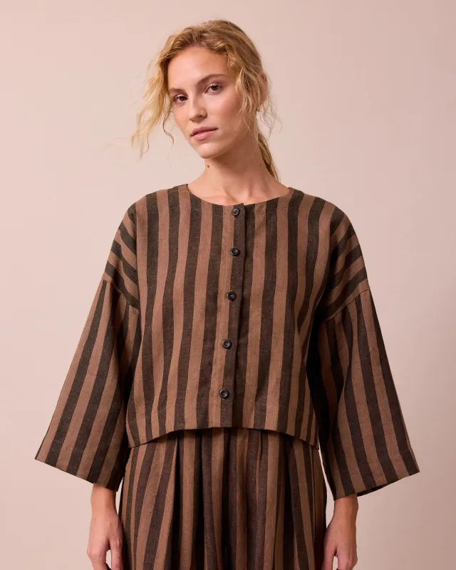 Romy Walnut Stripe Linen Top sold by Beyond Nine