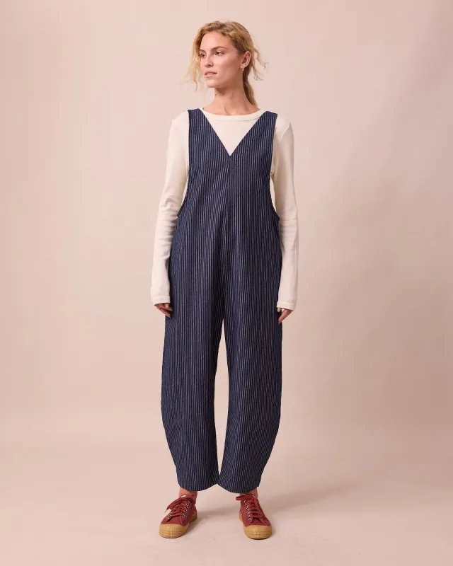 Ottie Navy Pinstripe Denim Jumpsuit sold by Beyond Nine
