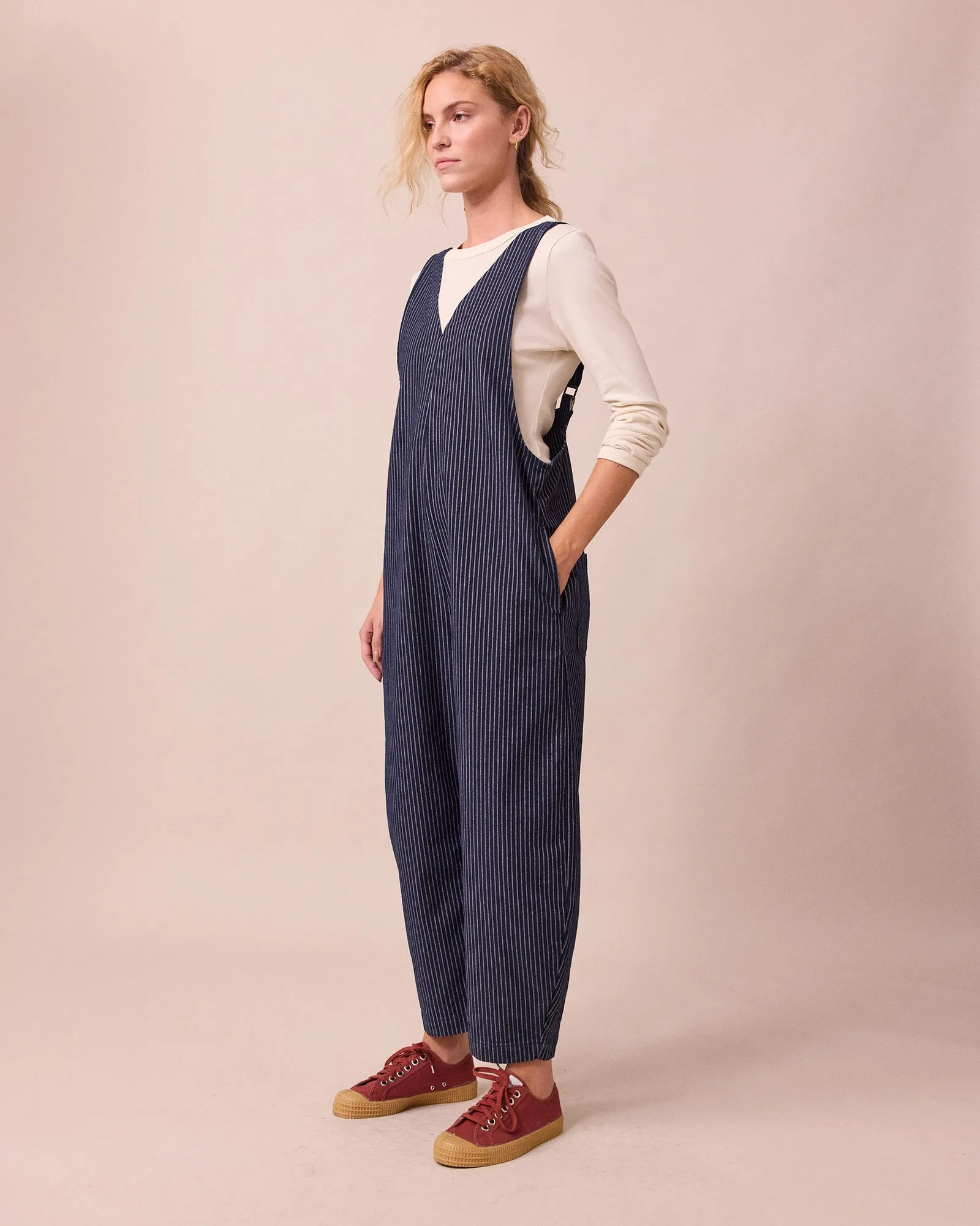 Ottie Navy Pinstripe Denim Jumpsuit sold by Beyond Nine product image thumbnail 3