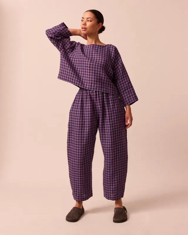 Mabel Blueberry Gingham Linen Trousers sold by Beyond Nine