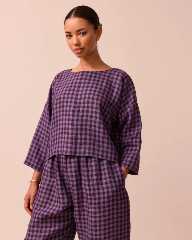 Lily Blueberry Gingham Linen Top sold by Beyond Nine