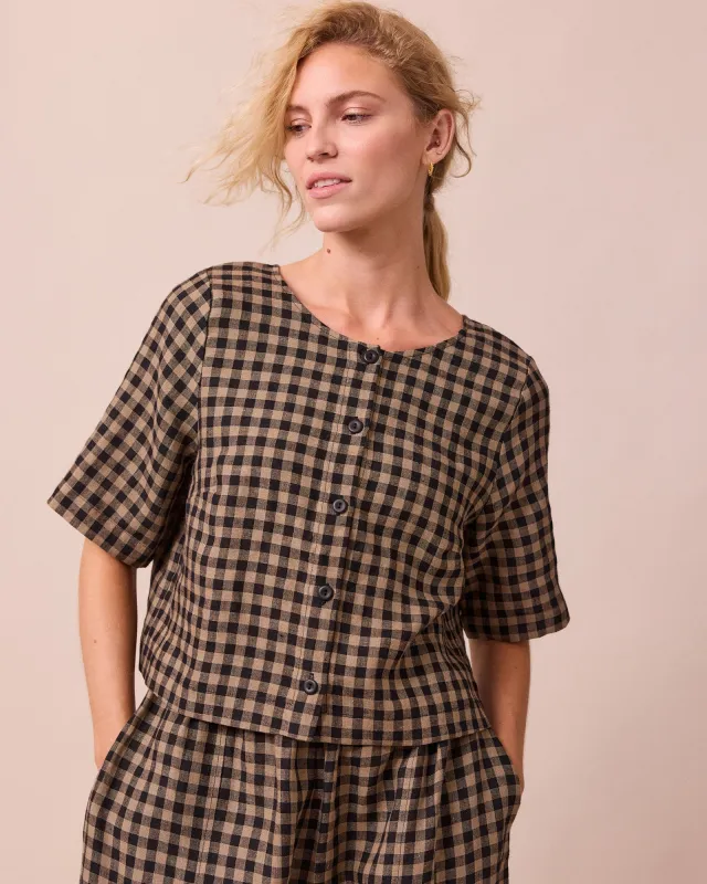 Evelyn Coffee Gingham Linen Top sold by Beyond Nine