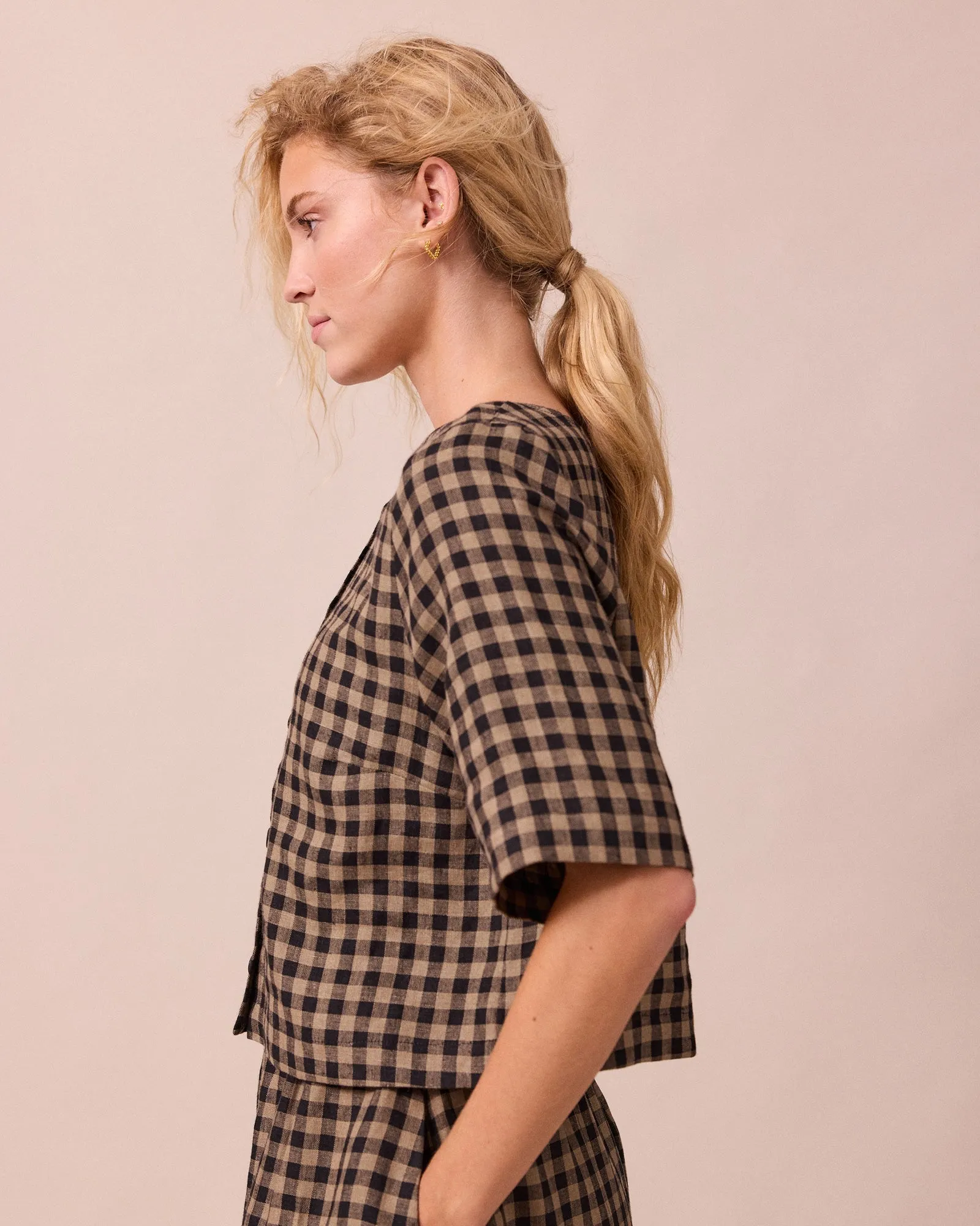 Evelyn Coffee Gingham Linen Top sold by Beyond Nine product image thumbnail 3
