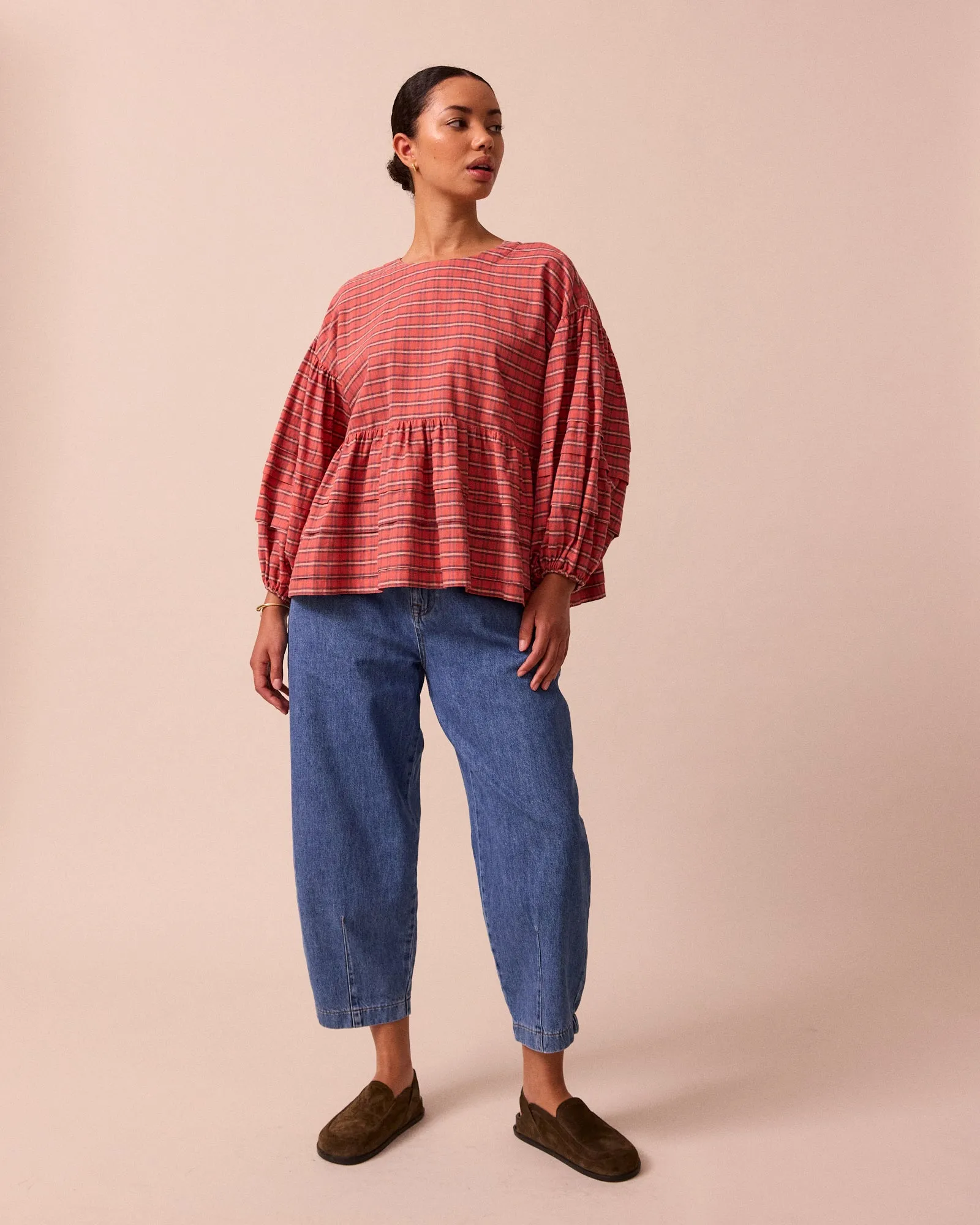 Simone Washed Tartan Plaid Cotton Linen Top sold by Beyond Nine