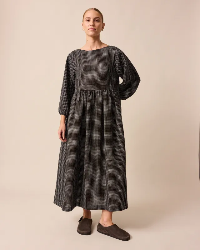 Berlin Black Mini Grid Linen Dress sold by Beyond Nine