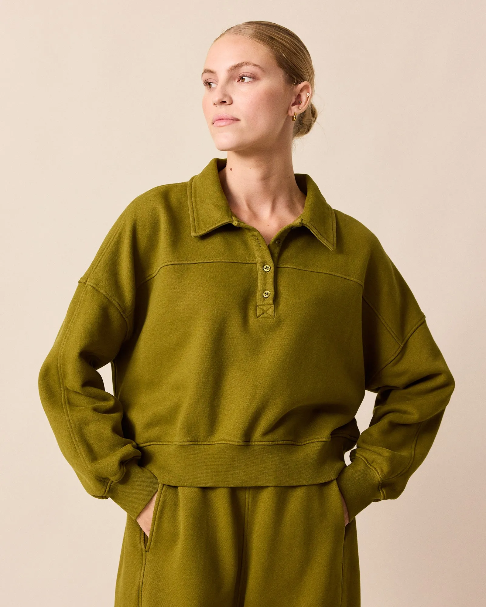 Cleo Fresh Olive Fleeceback Jersey Jumper sold by Beyond Nine