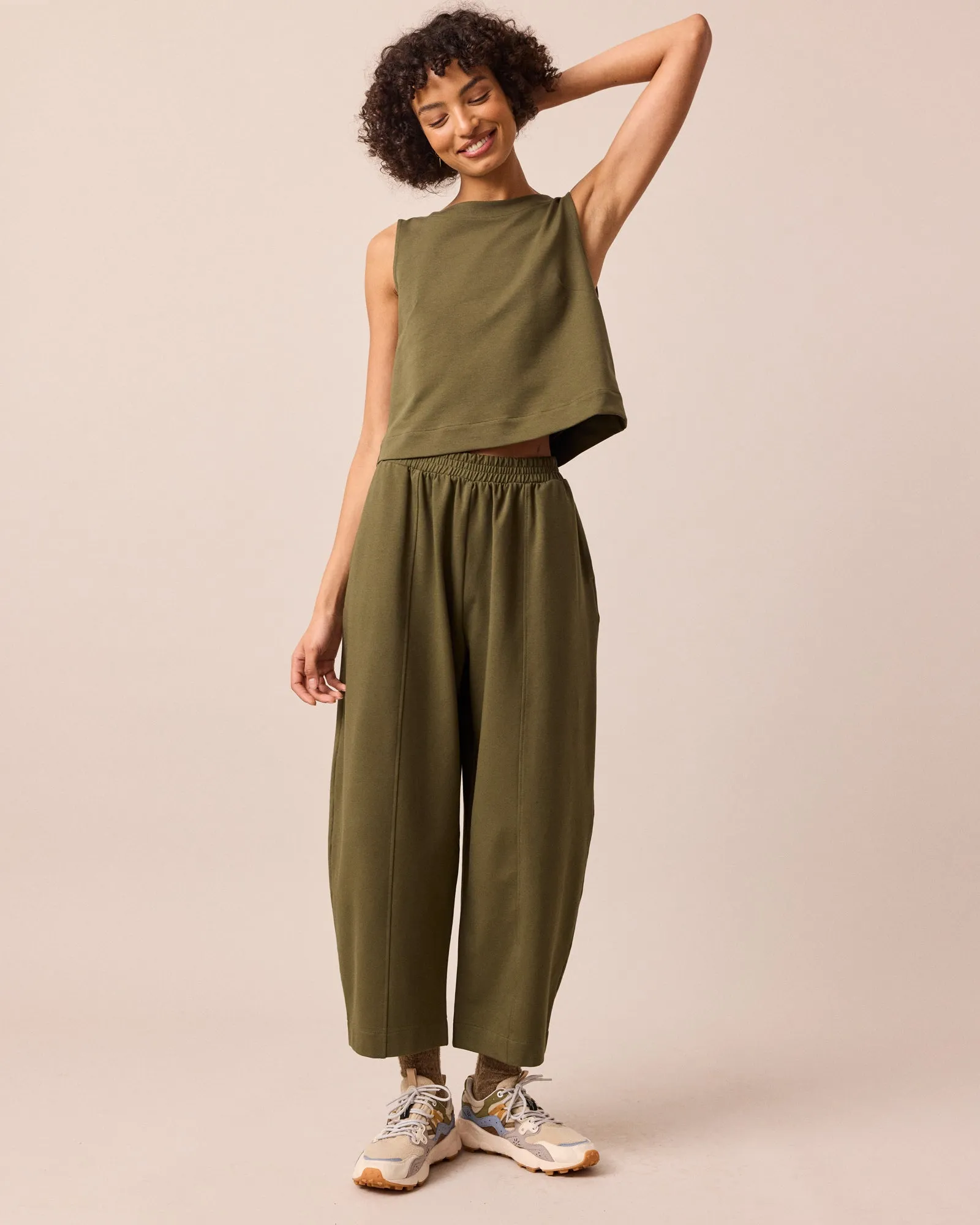 Mabel Light Olive Jersey Trousers sold by Beyond Nine