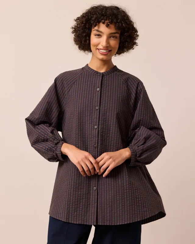 Mia Navy & Chocolate Seersucker Shirt sold by Beyond Nine