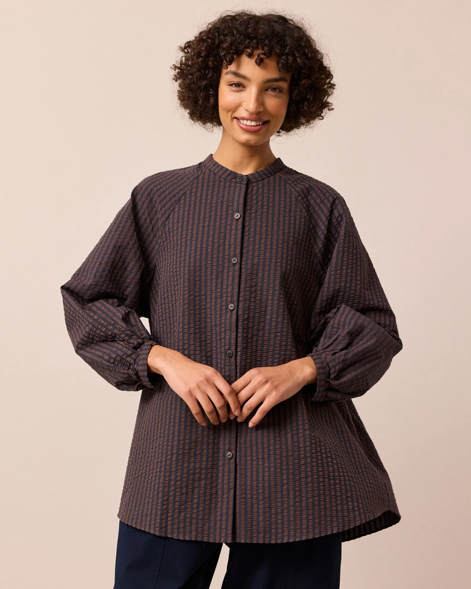 Mia Navy & Chocolate Seersucker Shirt sold by Beyond Nine