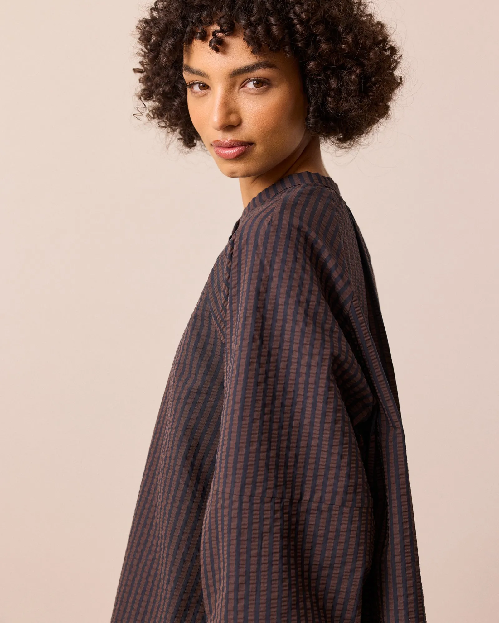 Mia Navy & Chocolate Seersucker Shirt sold by Beyond Nine product image thumbnail 5