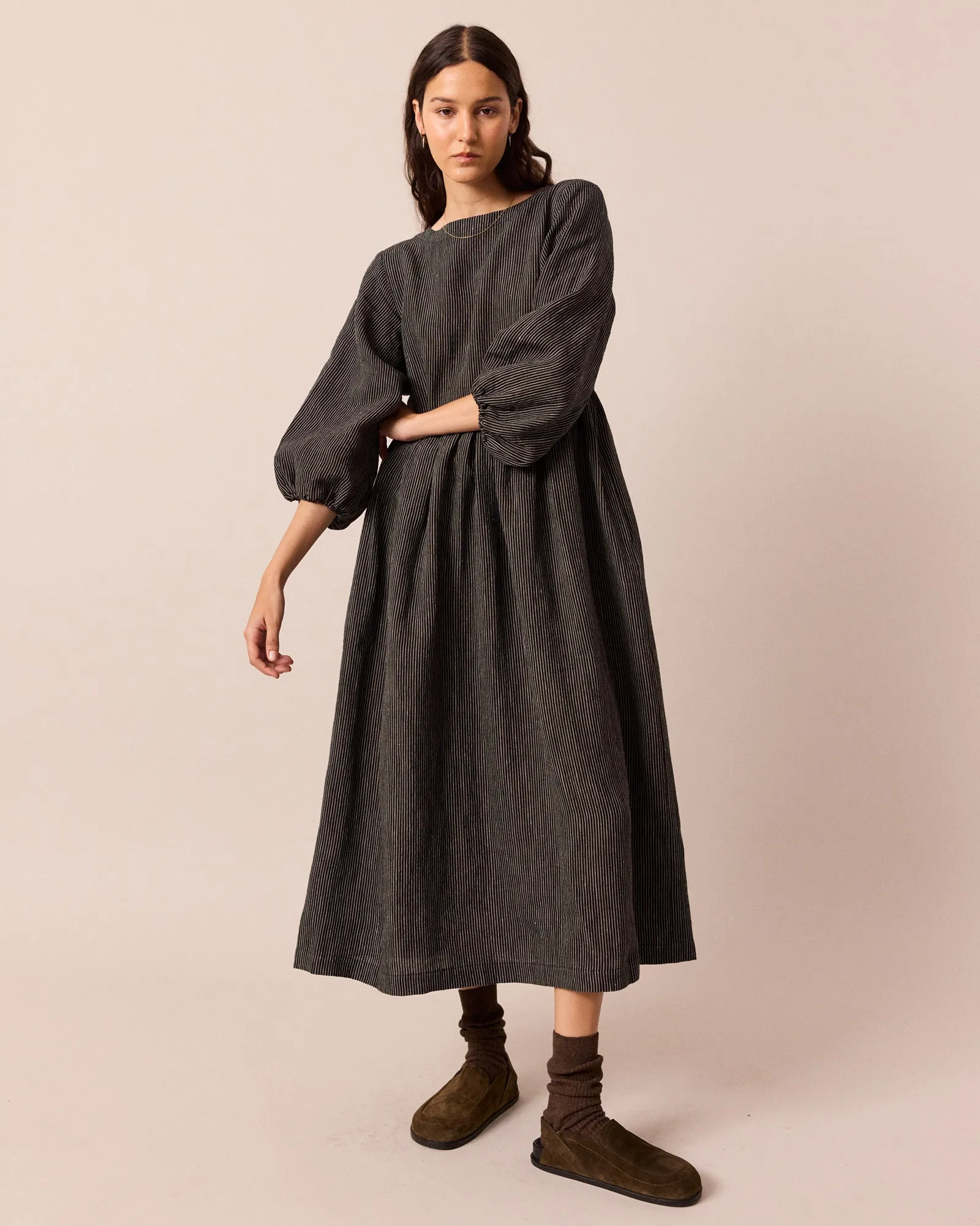 Berlin Black & Ecru Pencil Stripe Linen Dress sold by Beyond Nine