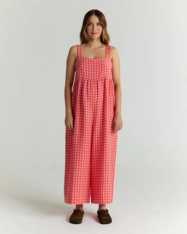 Cari Tomato & Pink Check Linen Jumpsuit sold by Beyond Nine