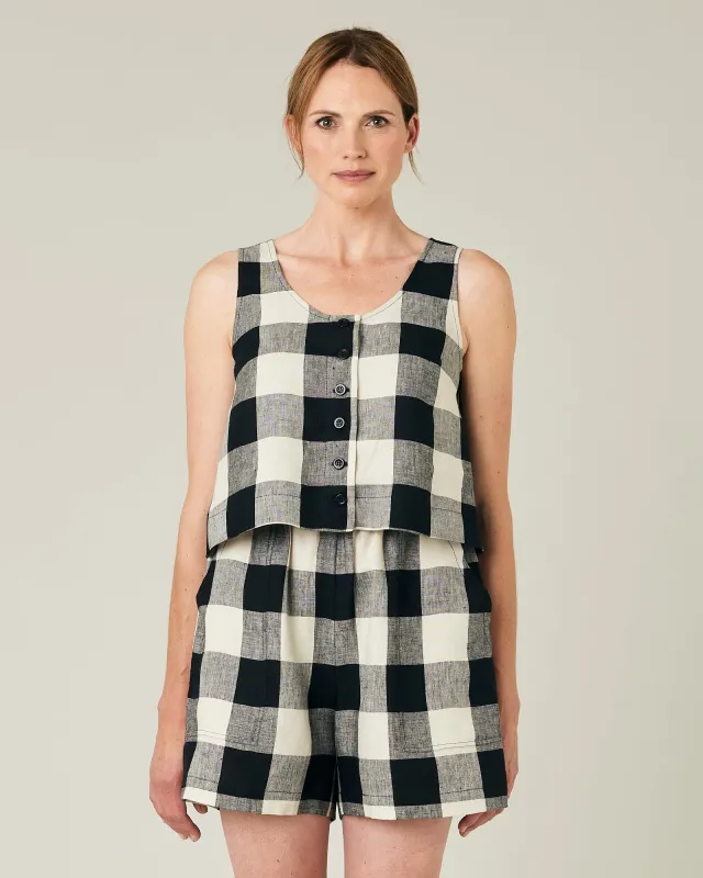 Betty Stone & Black Mega Check Linen Top made by Beyond Nine