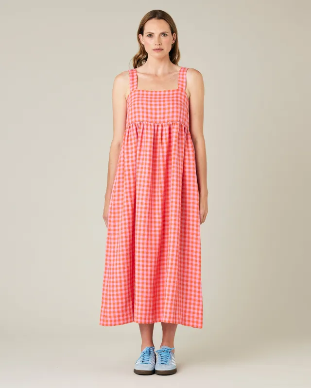 Suki Tomato & Pink Check Linen Dress sold by Beyond Nine