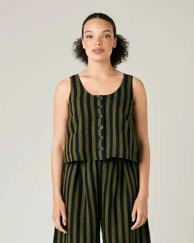 Betty Black & Olive Narrow Stripe Linen Top sold by Beyond Nine