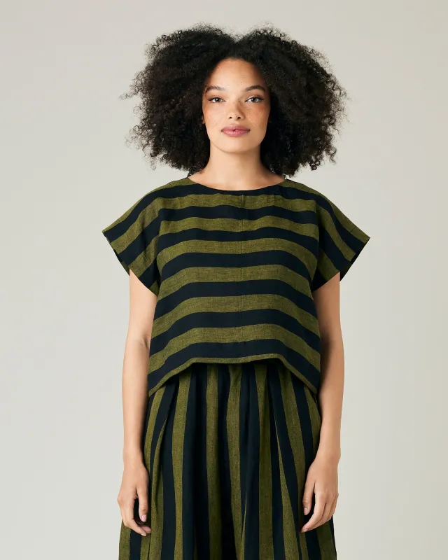 Polly Black & Olive Stripe Linen Top sold by Beyond Nine