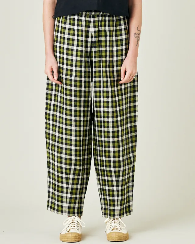 Huxley Olive, Black & Ecru Check Linen Trousers sold by Beyond Nine