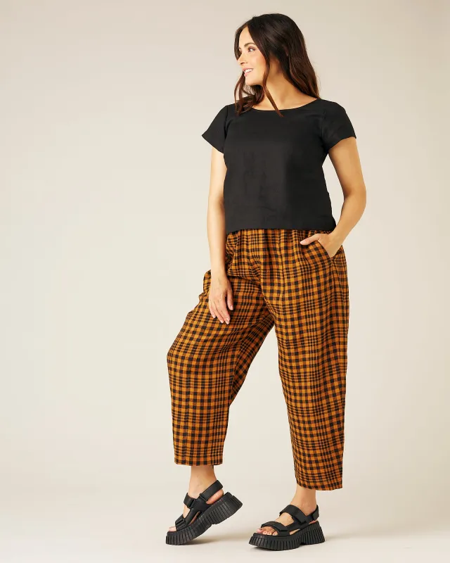 Mabel Pumpkin Check Linen Trousers sold by Beyond Nine