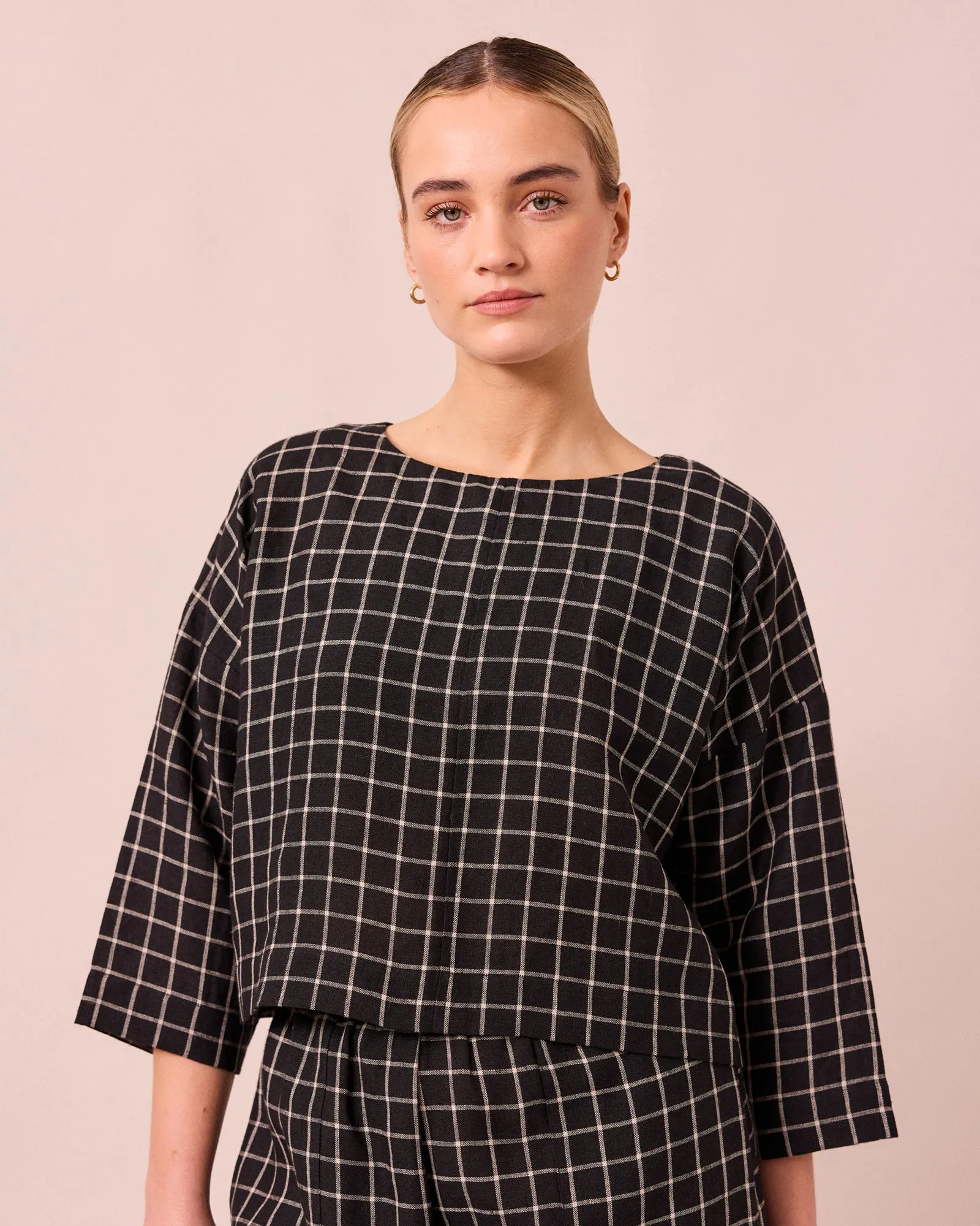 Lily Black Grid Linen Top sold by Beyond Nine