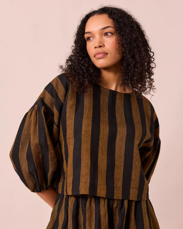 Aisha Rust & Black Stripe Linen Top sold by Beyond Nine