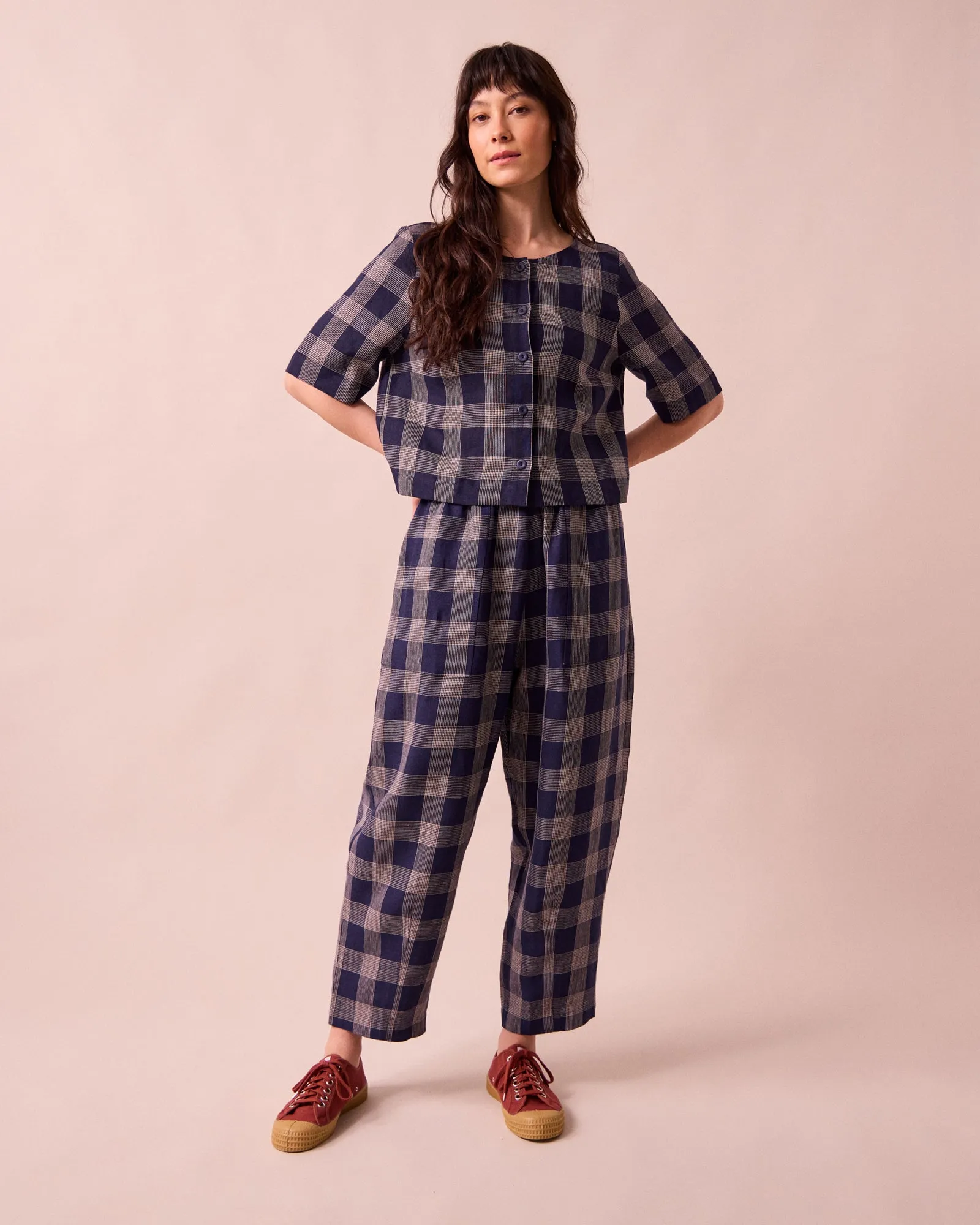 Huxley Navy Plaid Linen Trousers sold by Beyond Nine