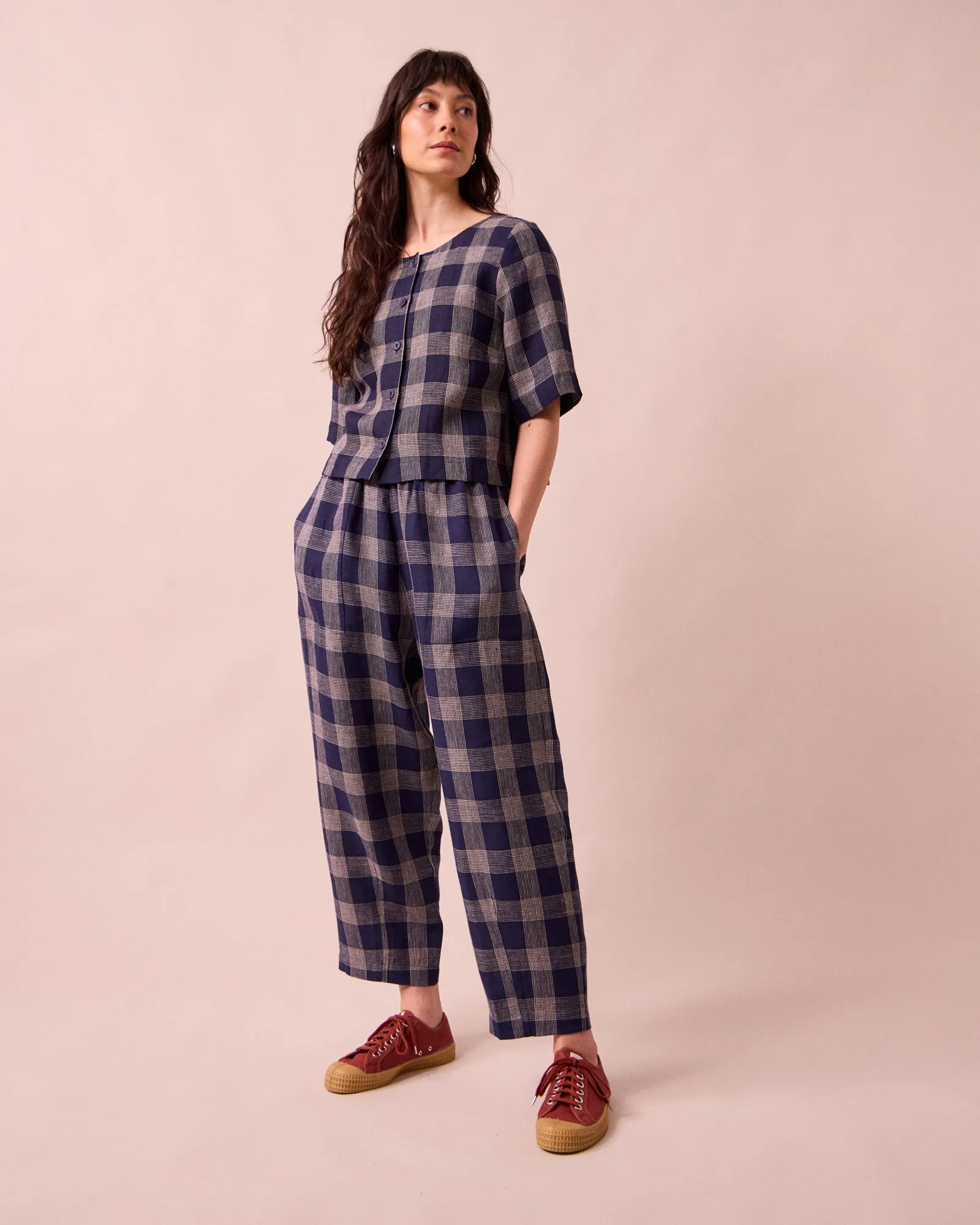 Huxley Navy Plaid Linen Trousers sold by Beyond Nine product image thumbnail 4