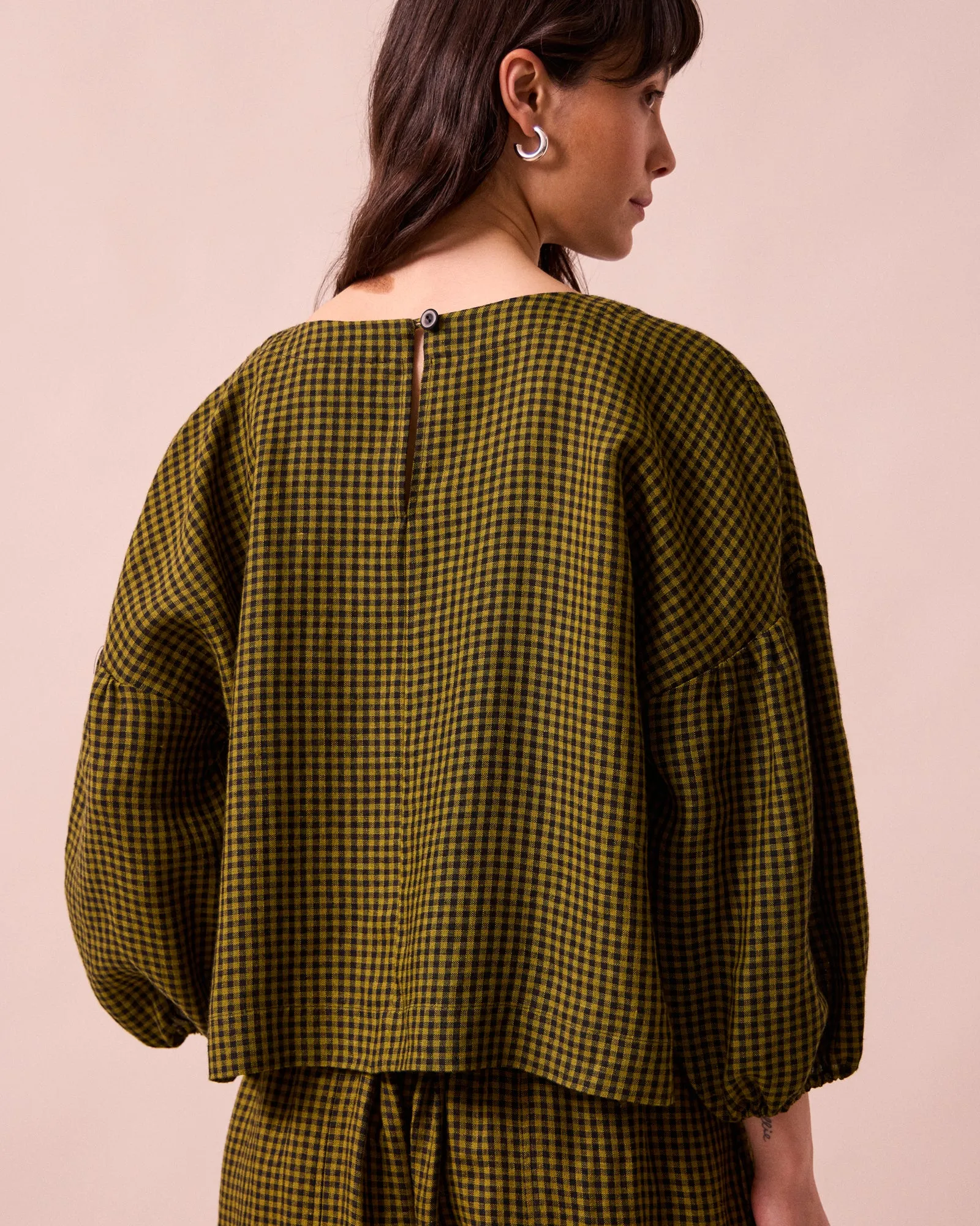 Aisha Fresh Olive Mini Gingham Linen Top sold by Beyond Nine product image thumbnail 4