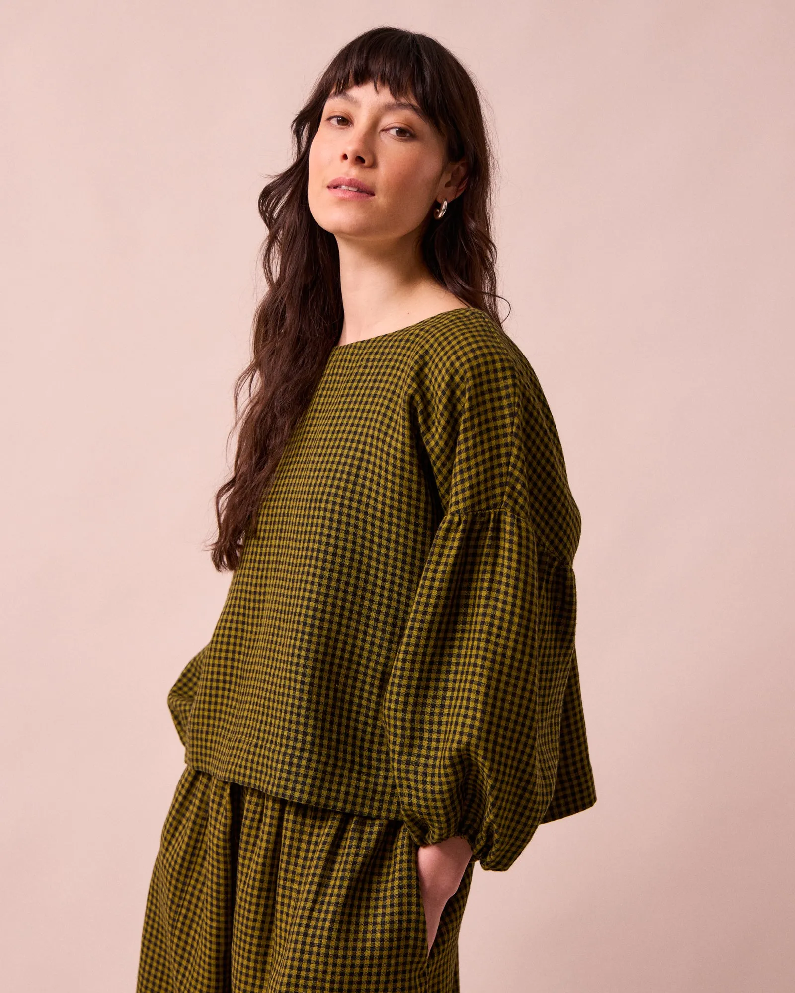 Aisha Fresh Olive Mini Gingham Linen Top sold by Beyond Nine product image thumbnail 3