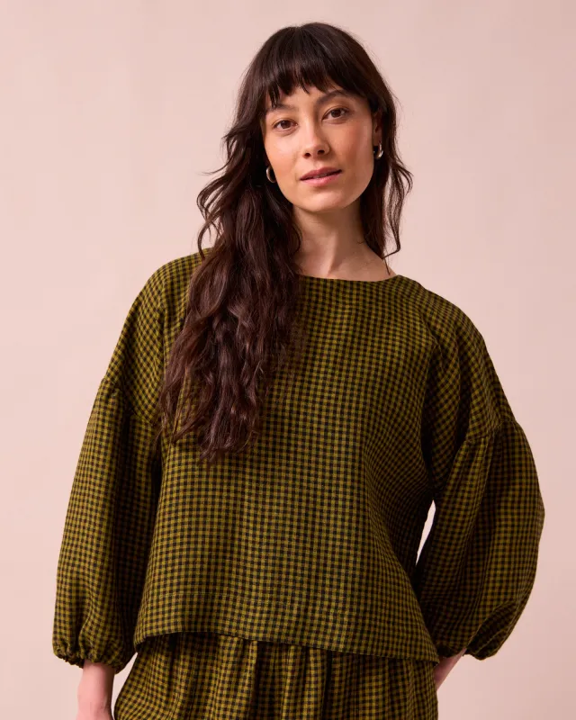 Aisha Fresh Olive Mini Gingham Linen Top sold by Beyond Nine
