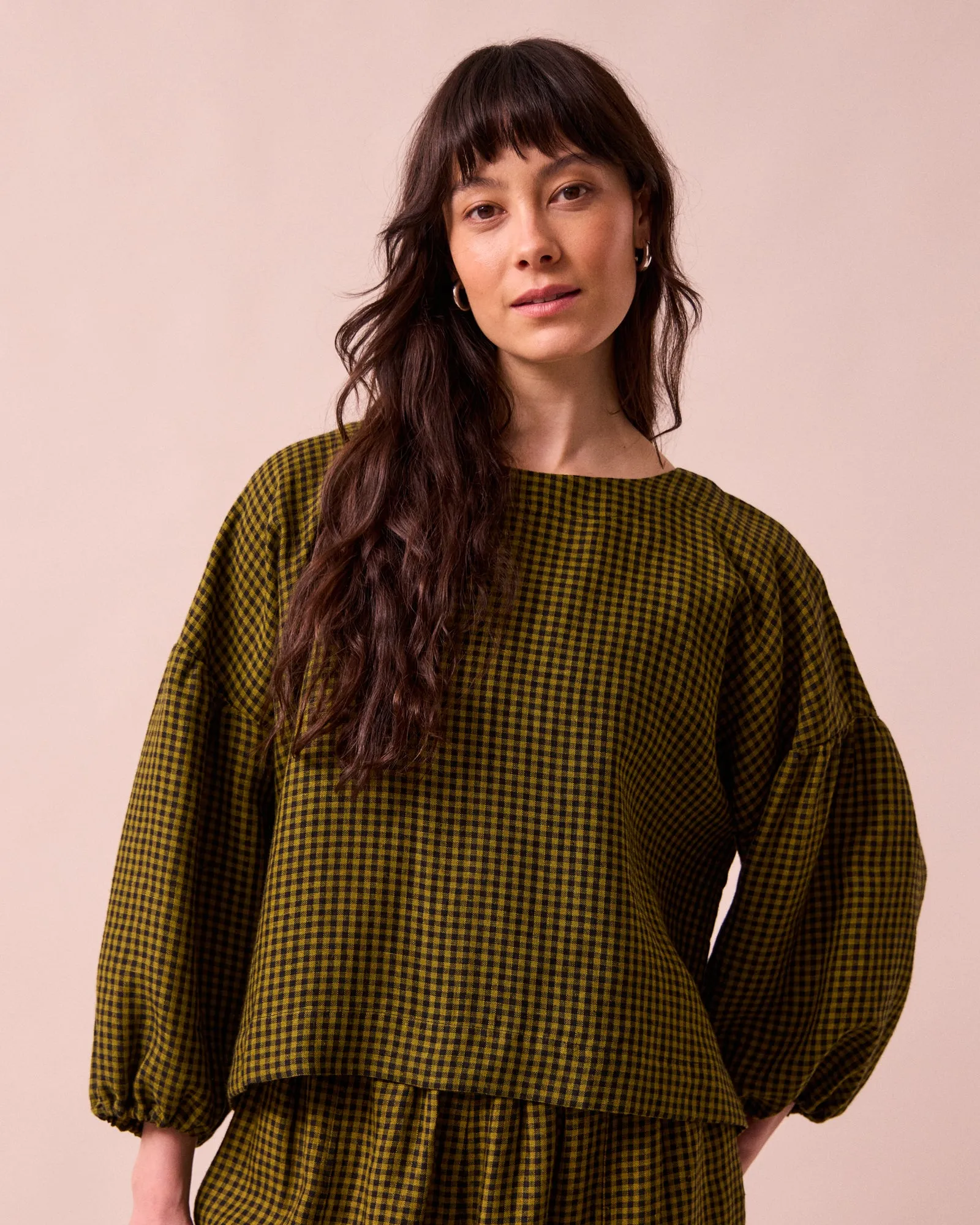 Aisha Fresh Olive Mini Gingham Linen Top sold by Beyond Nine