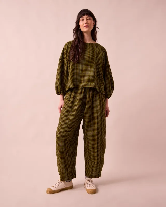 Mabel Fresh Olive Mini Gingham Linen Trousers sold by Beyond Nine