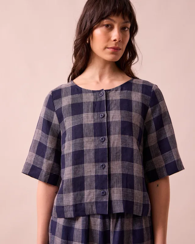 Evelyn Navy Plaid Linen Top made by Beyond Nine