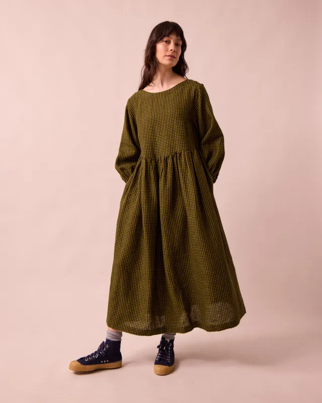 Berlin Fresh Olive Mini Gingham Linen Dress sold by Beyond Nine