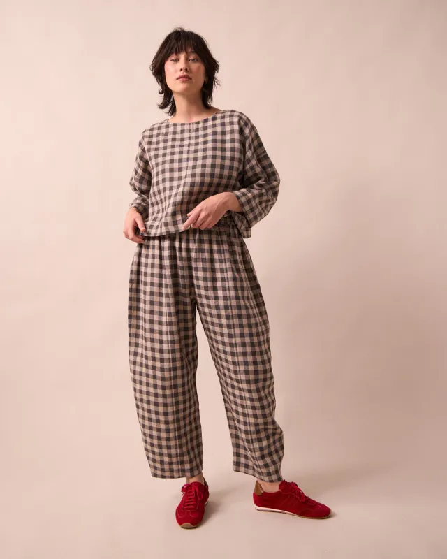 Mabel Stone Gingham Linen Trousers sold by Beyond Nine