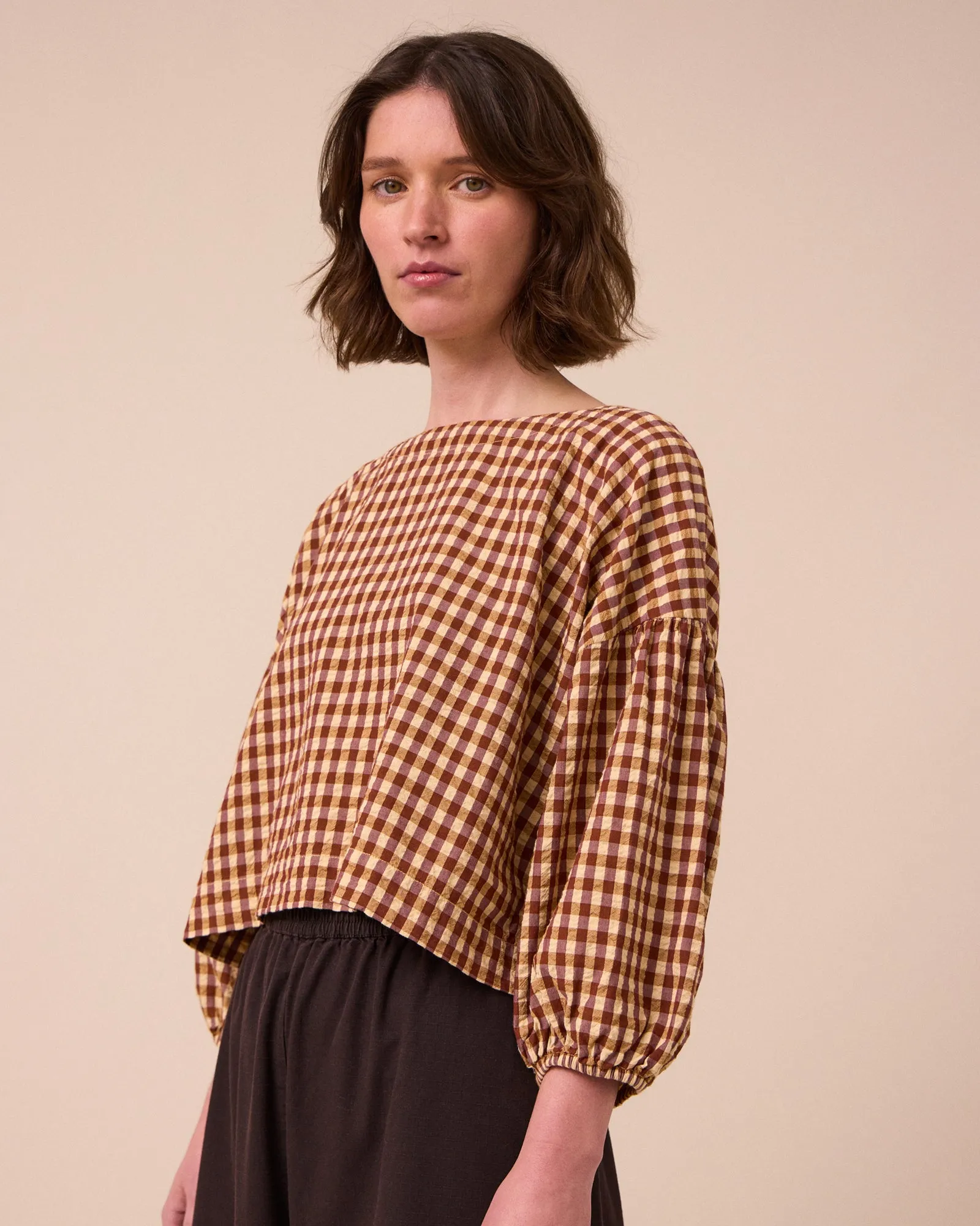 Aisha Tan Gingham Seersucker Top sold by Beyond Nine
