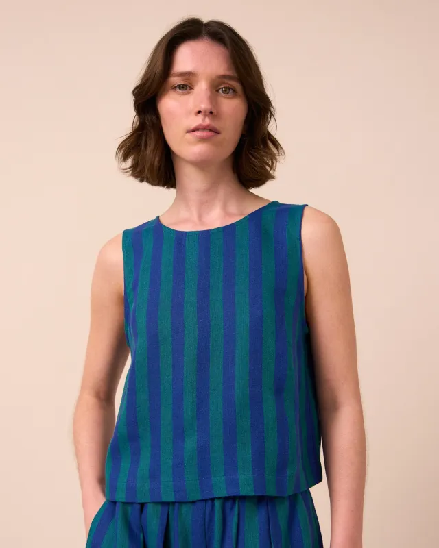 Esme Blue House Stripe Linen Top sold by Beyond Nine