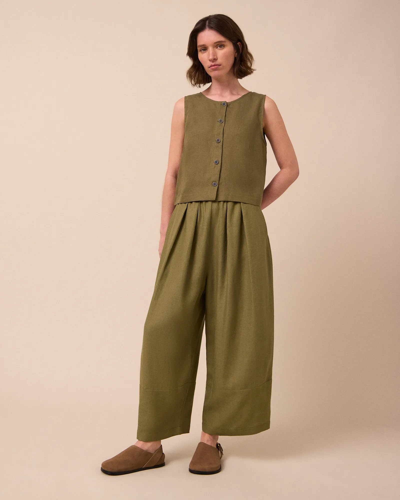 Bobbi Khaki Linen Trousers sold by Beyond Nine