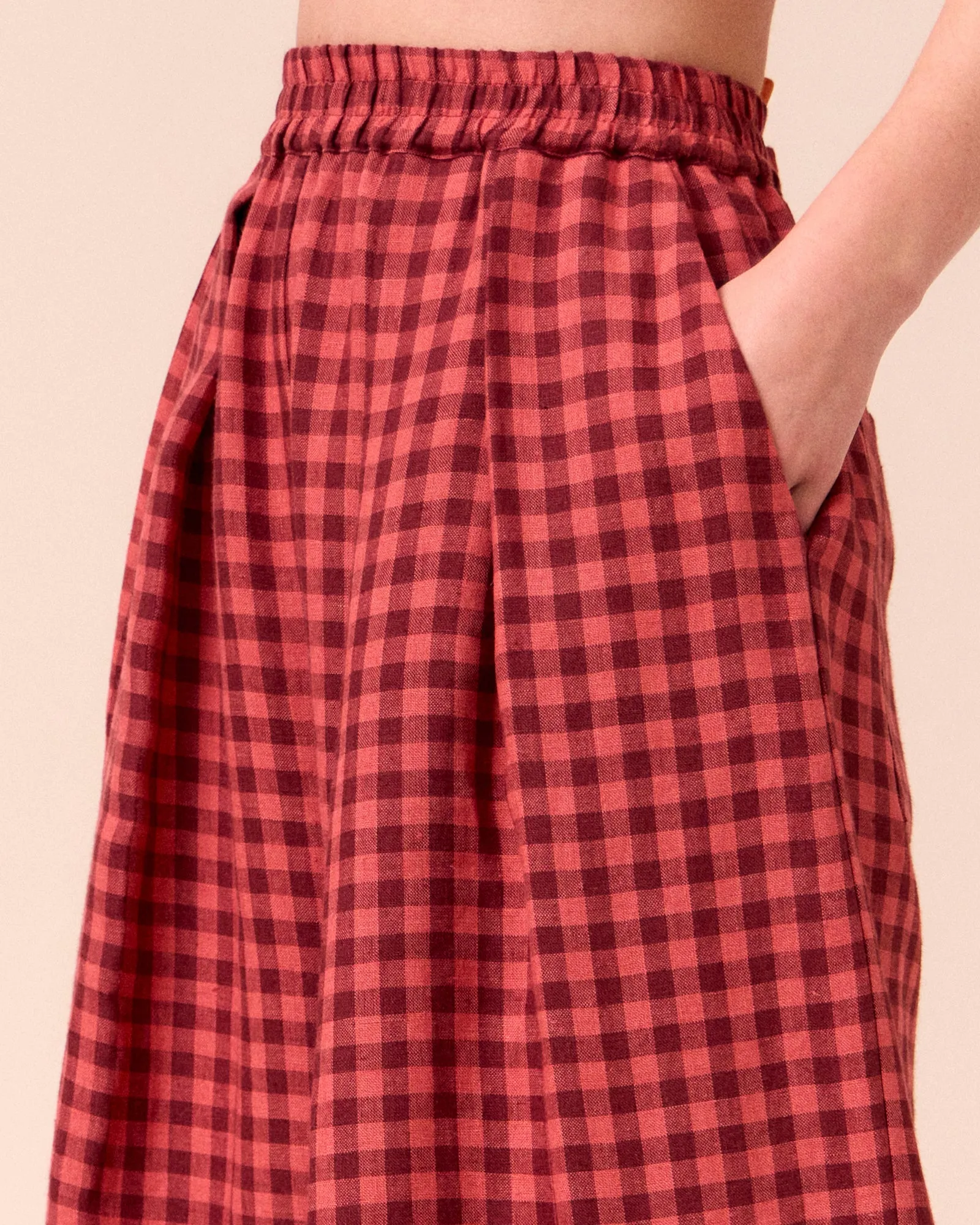 Layne Deep Rose Gingham Linen Trousers sold by Beyond Nine product image thumbnail 5