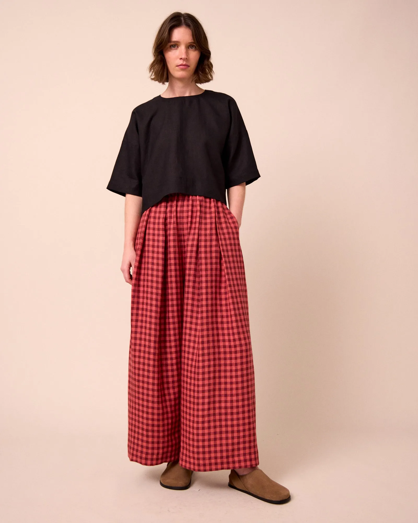 Layne Deep Rose Gingham Linen Trousers sold by Beyond Nine