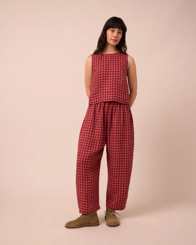 Mabel Deep Rose Gingham Linen Trousers sold by Beyond Nine