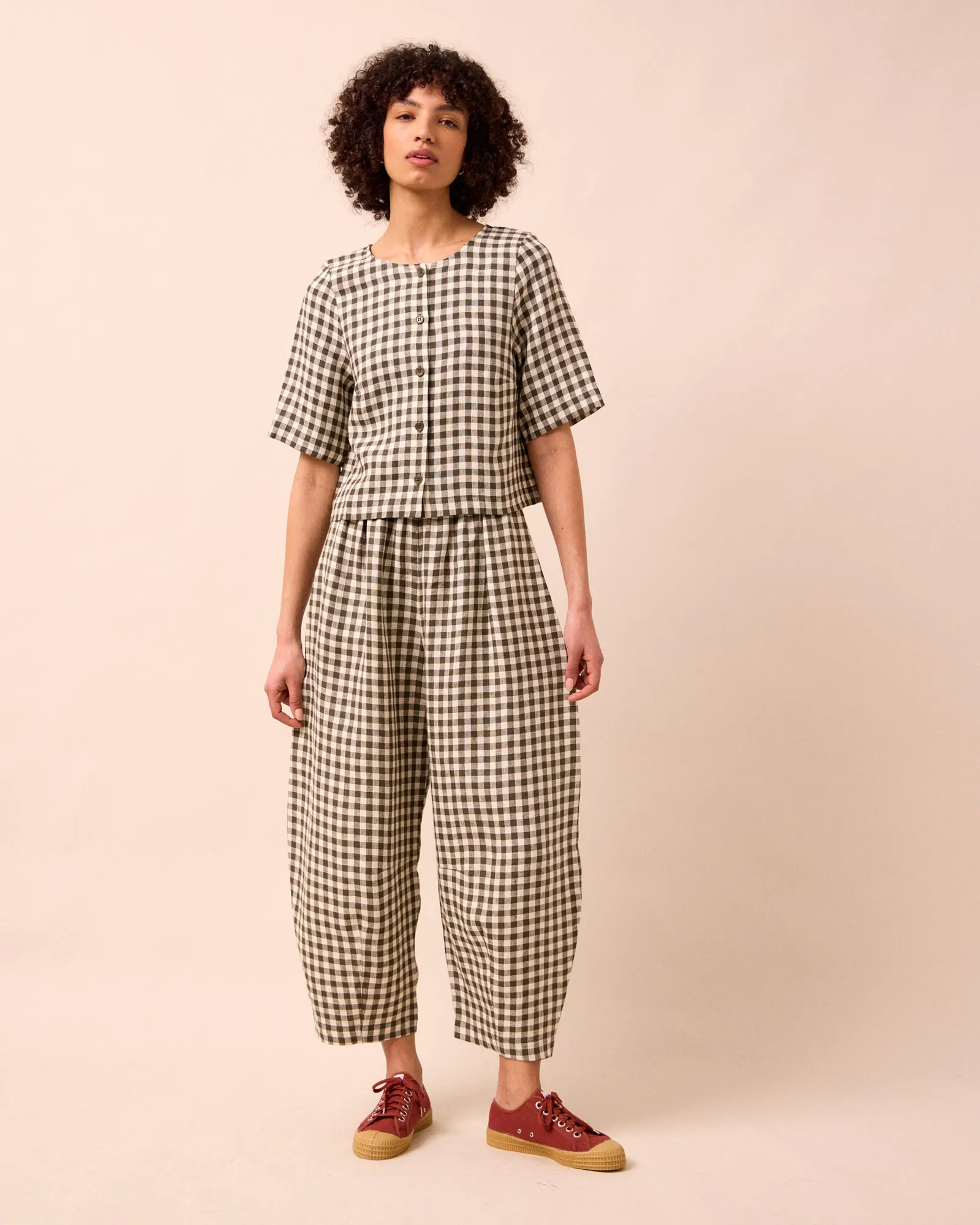 Daisy Olive Gingham Linen Trousers sold by Beyond Nine
